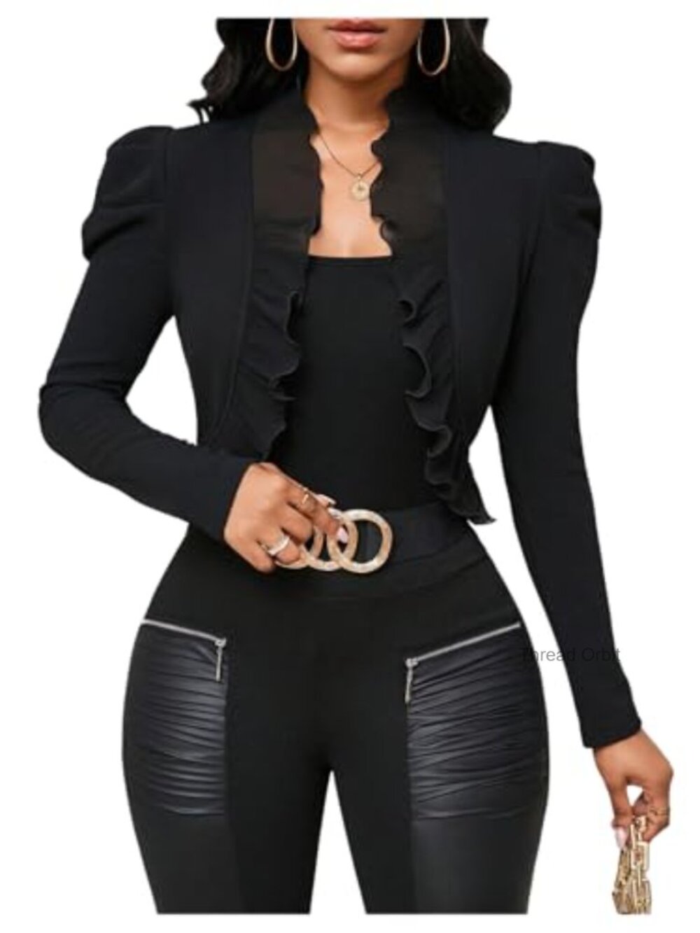 Cropped Blazer Jacket Ruffle Puff Long Sleeve Business Casual